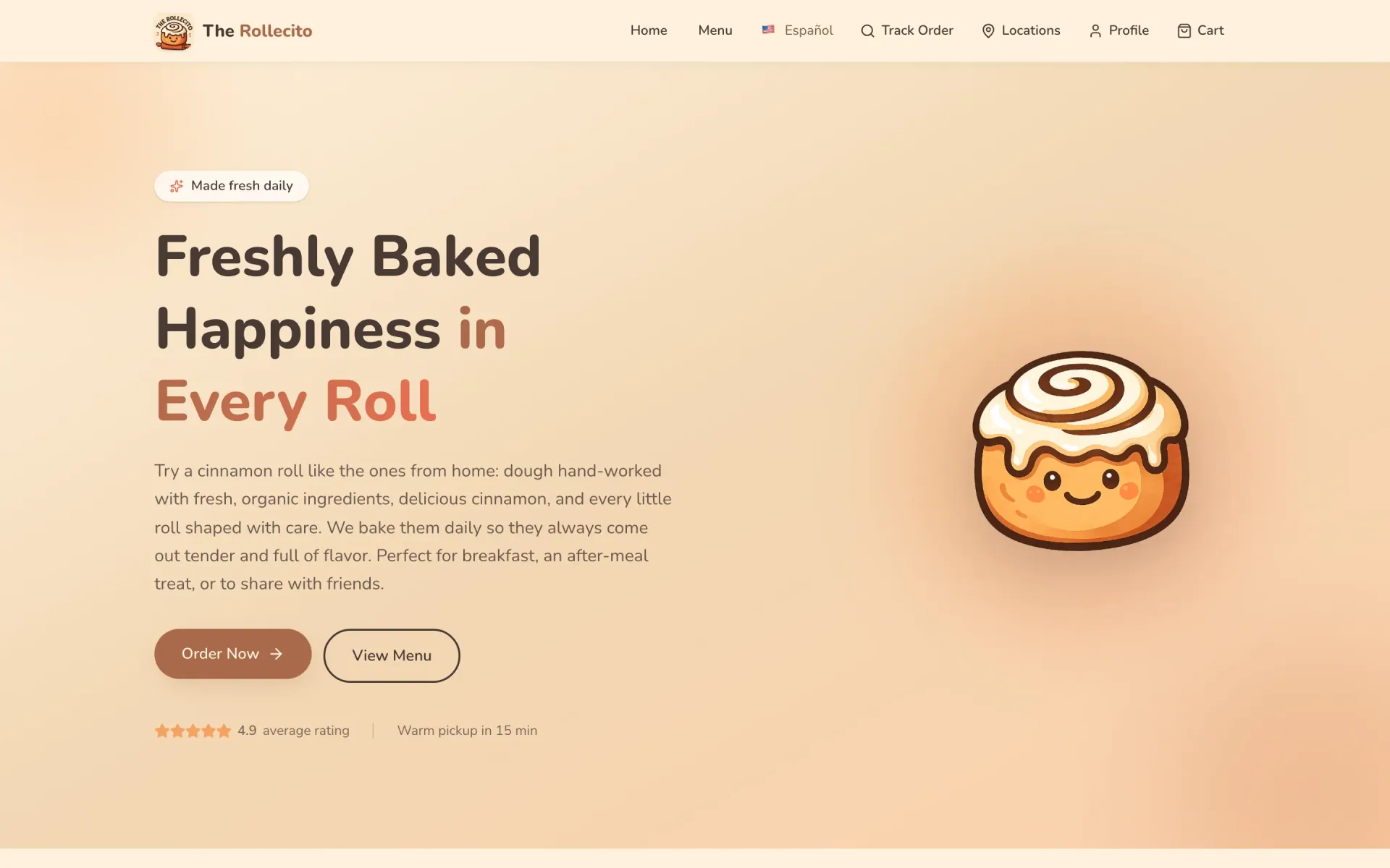 The Rollecito storefront on desktop, headline reading 'Freshly Baked Happiness in Every Roll' with Order Now and View Menu actions.