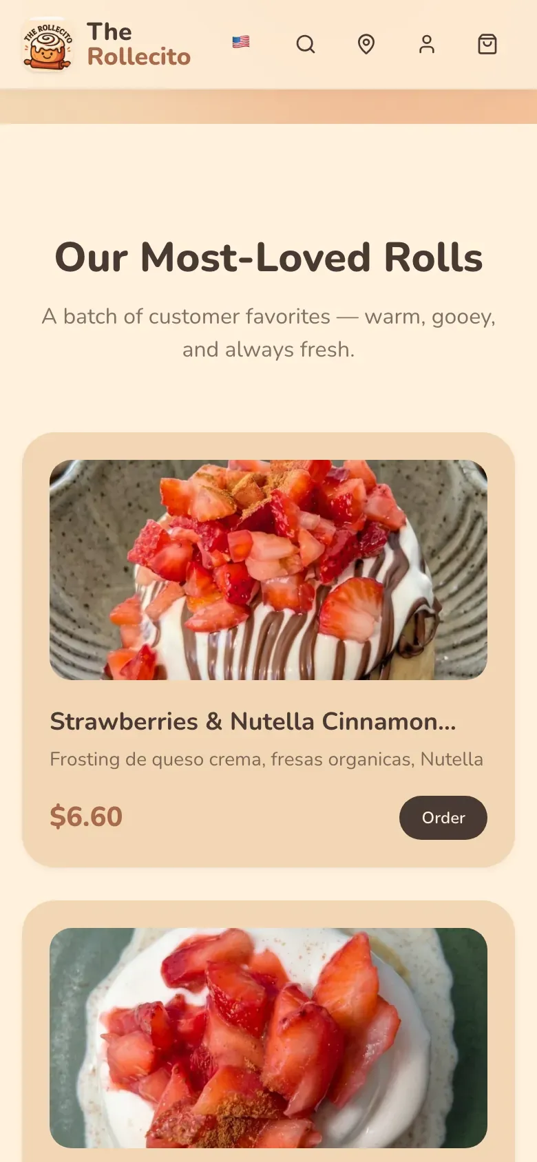 The Rollecito product listing on a mobile viewport with stacked product cards.